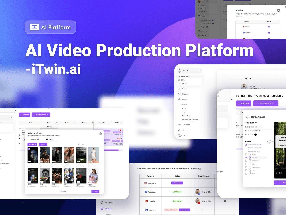 iTwin-AI marketing page for the "AI Video Production Platform", alongside app screens for a short-form video planner with status filters, a stock/my-videos picker, social-platform connection and publish status for Instagram, Facebook, YouTube and LinkedIn, and a video preview panel with text-overlay and sound controls.