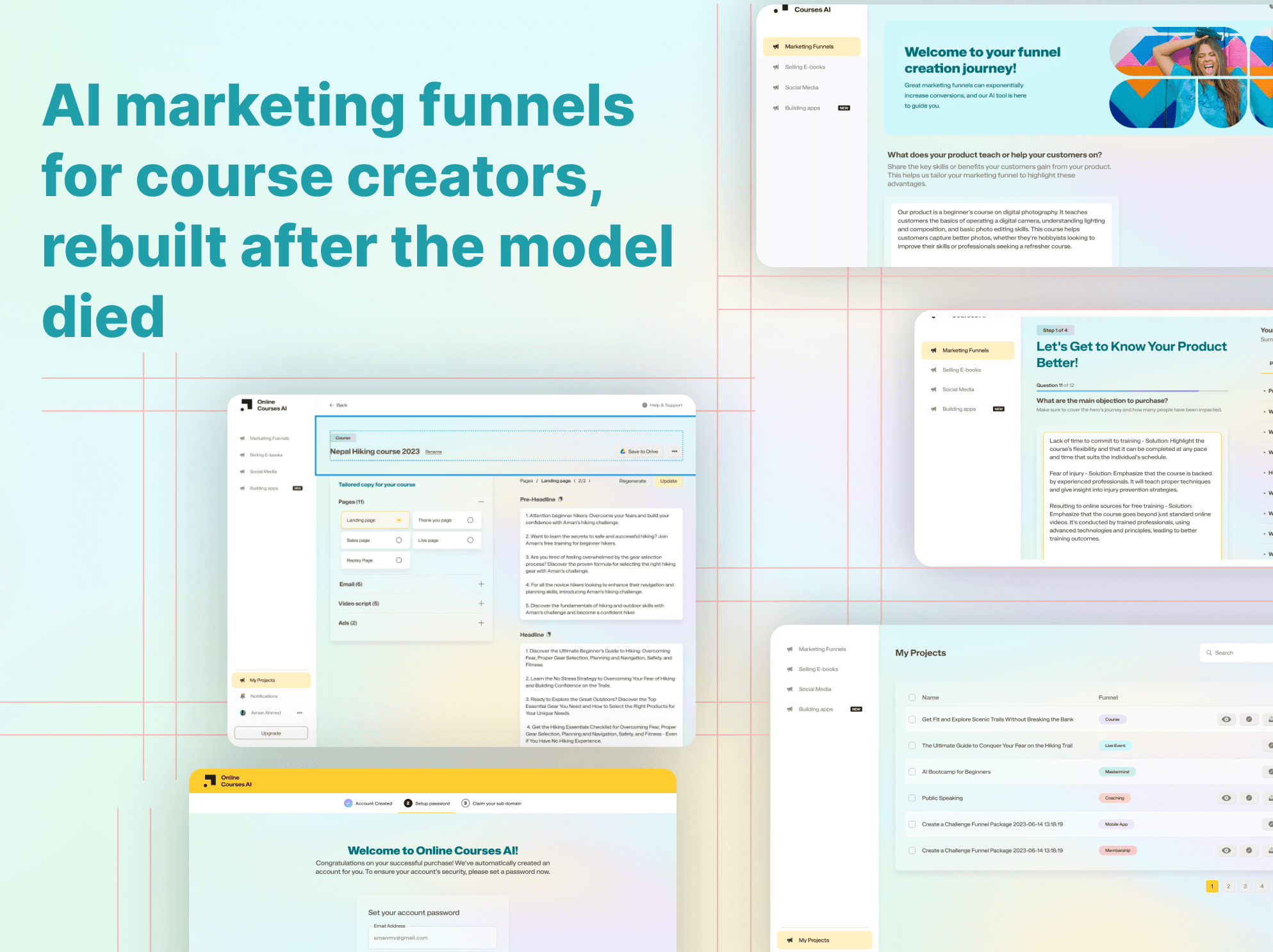 OnlineCourses-AI cover card: a browser mockup of the product's funnel-creation onboarding screen, over the line “From a Google Sheet to a production AI marketing platform for course creators,” tagged Laravel, Vue, OpenAI and AWS, with a 455 engineering hours callout.