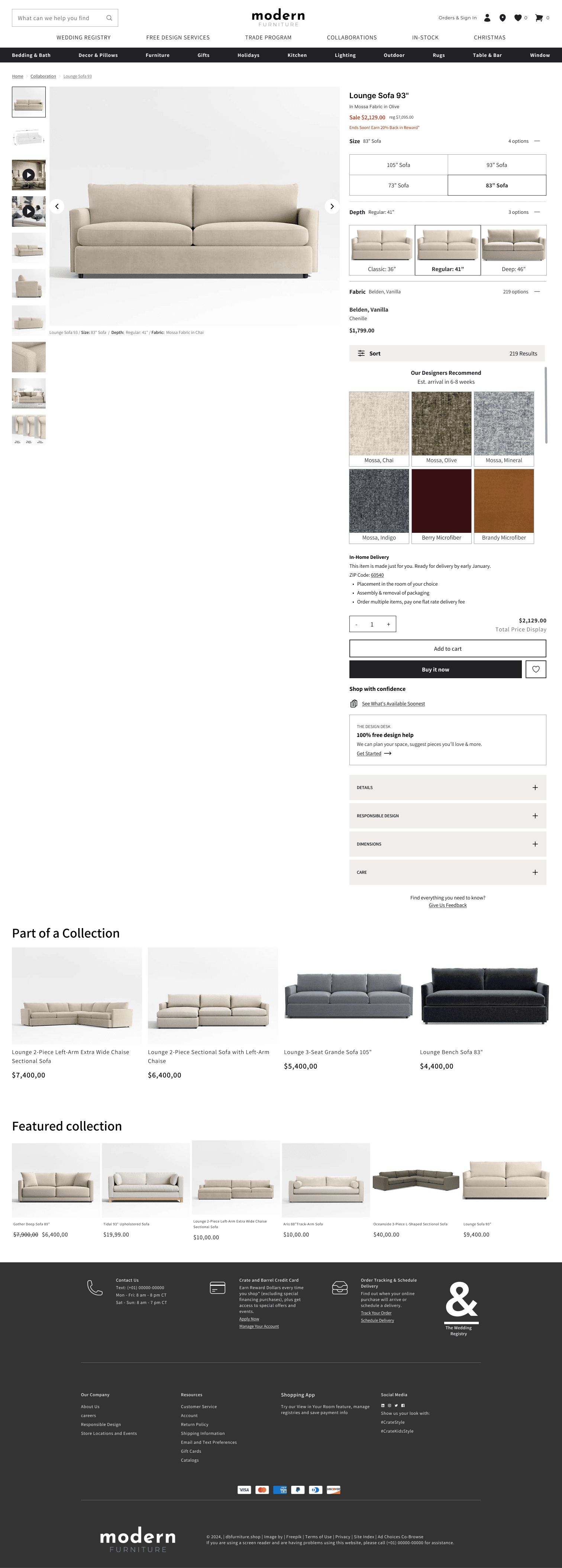 Full product page for a Lounge Sofa 93-inch on the built Shopify store: four size options, three depth options with preview images, 219 fabric swatches, ZIP-code in-home delivery estimation with placement, assembly, and packaging removal, The Design Desk free design help, expandable Details, Responsible Design, Dimensions, and Care tabs, and collection cross-sells.