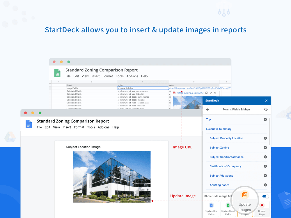 StartDeck Writer inserting and updating a subject-property photo in a zoning report from an image URL stored in the source sheet.