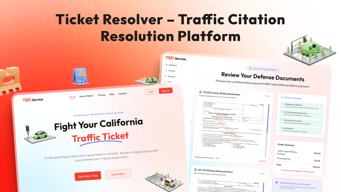 Ticket Resolver marketing page for fighting a California traffic ticket, alongside the app's Review Your Defense Documents screen showing a completed TR-205 Trial by Written Declaration form, an MC-031 witness statement form, an order summary, and a 100% satisfaction guarantee.