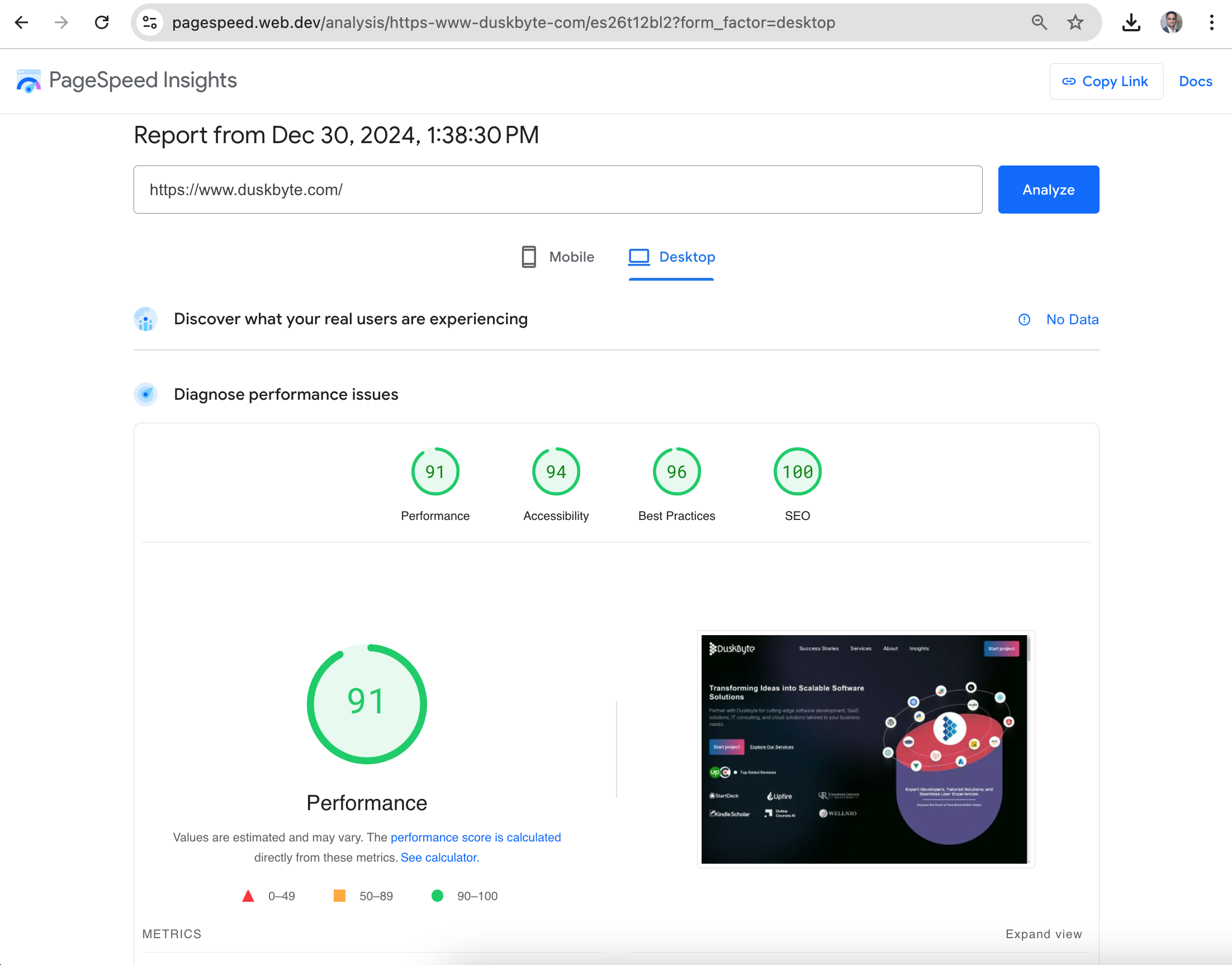 'Duskbyte Pagespeed Test'